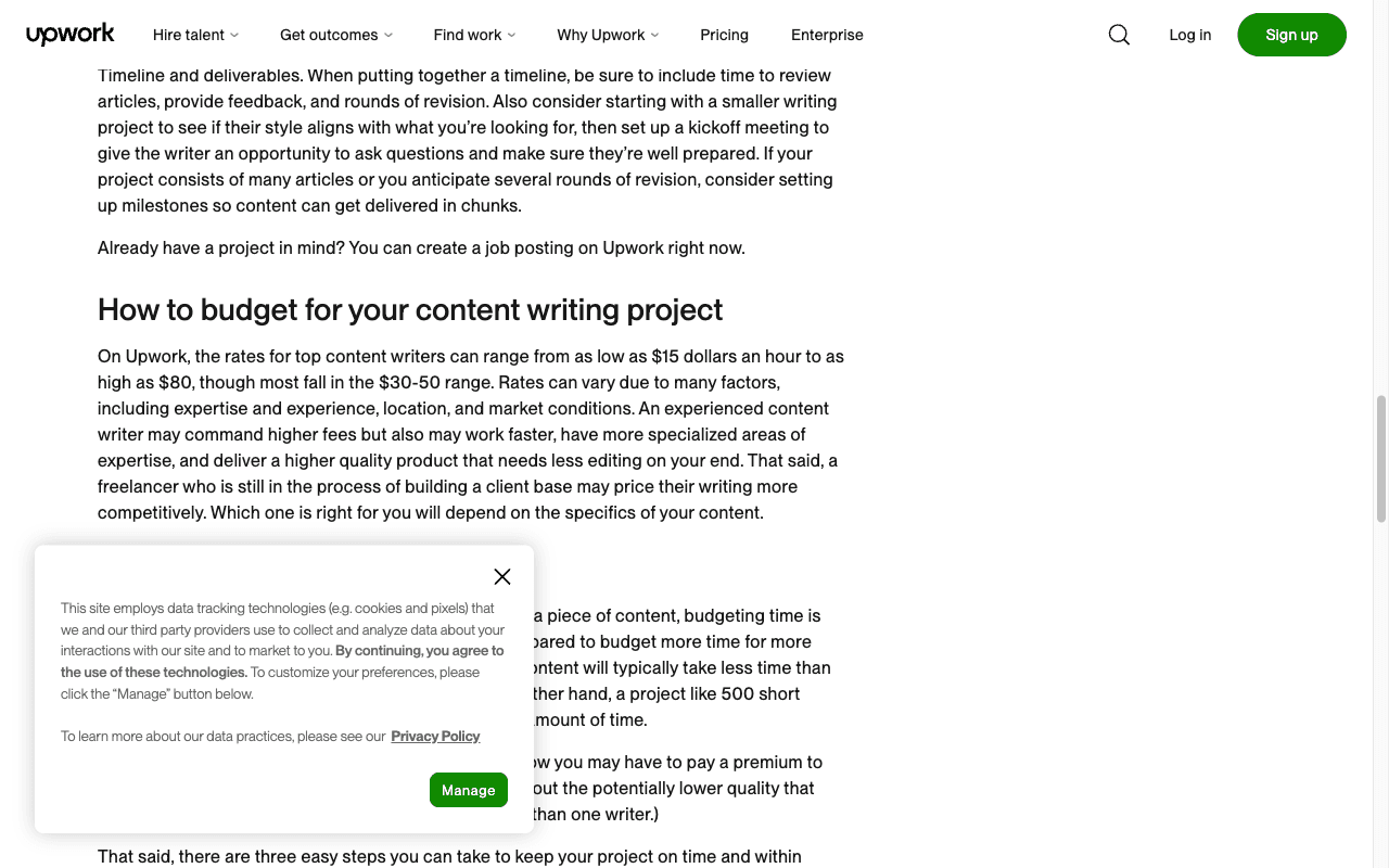 Upwork page on content writer hourly rates, stating rates range from $15 to $80 per hour with most falling in the $30 to $50 range