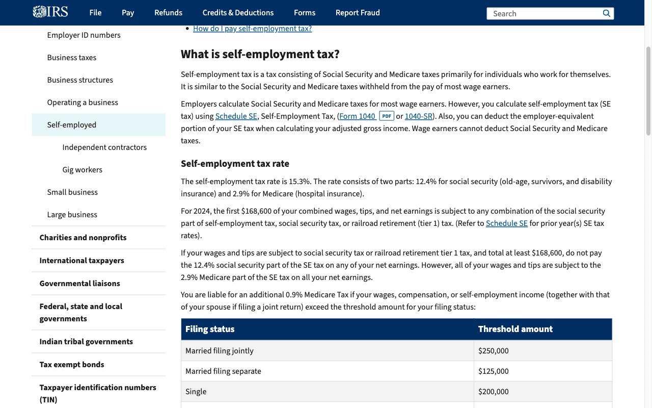 IRS page on self-employment tax stating the rate is 15.3%, consisting of 12.4% for Social Security and 2.9% for Medicare