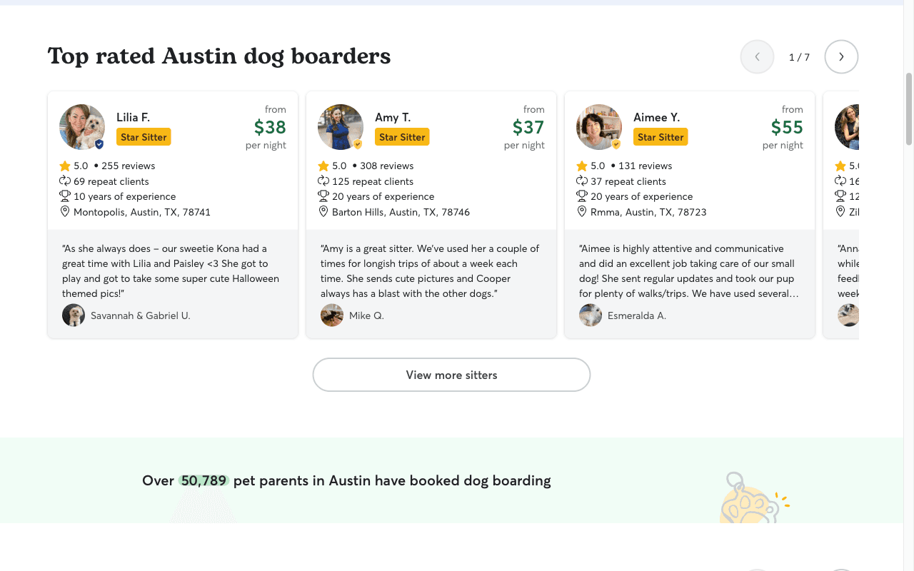 Rover search results for dog boarding in Austin, Texas showing top-rated sitters charging $37 to $38 per night